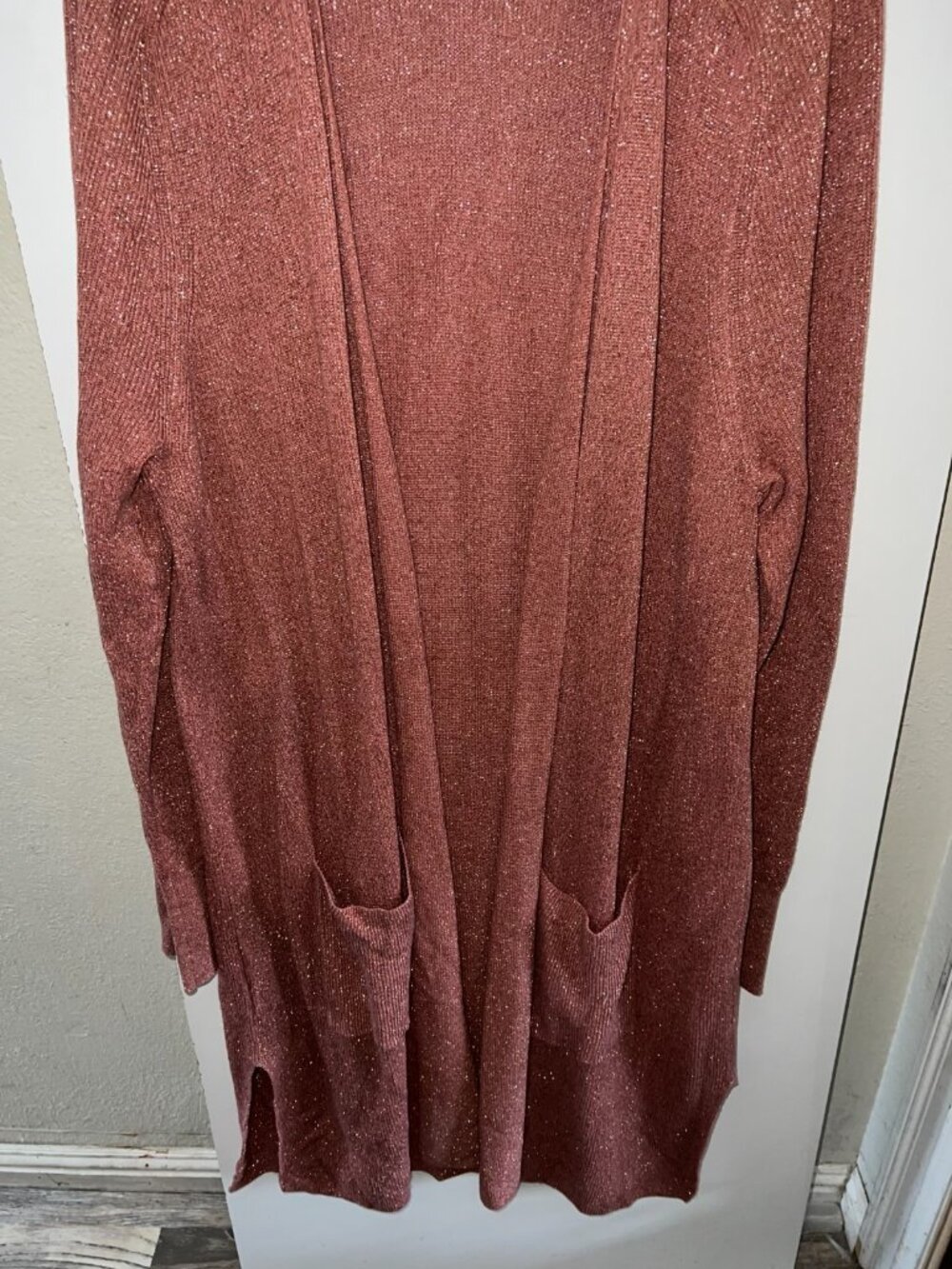 Ann Taylor Duster Cardigan Size XL Metallic Peach? Long Sleeve Pockets Maxi - Picture 4 of 12